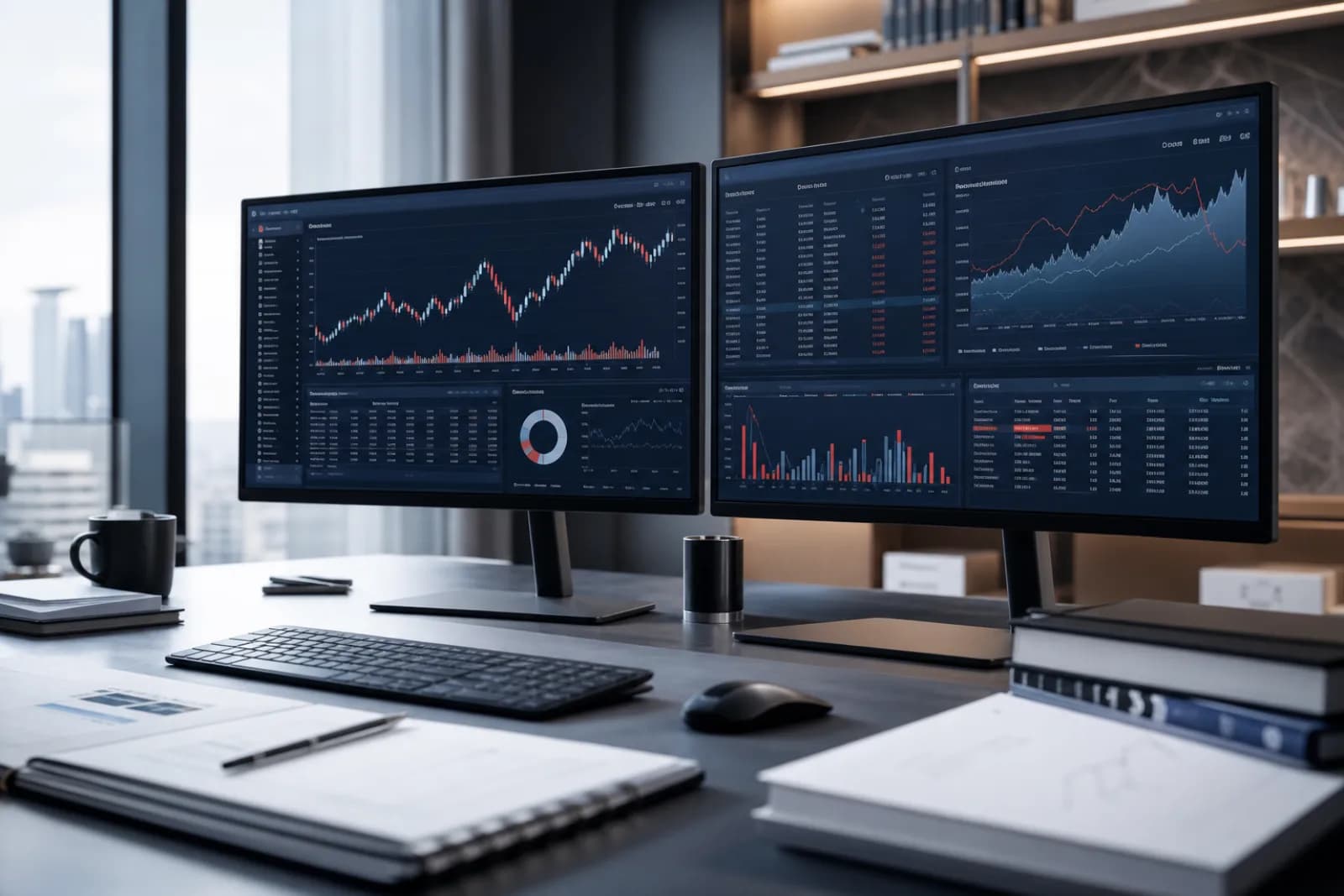 Financial research workspace with market analytics dashboards and charts